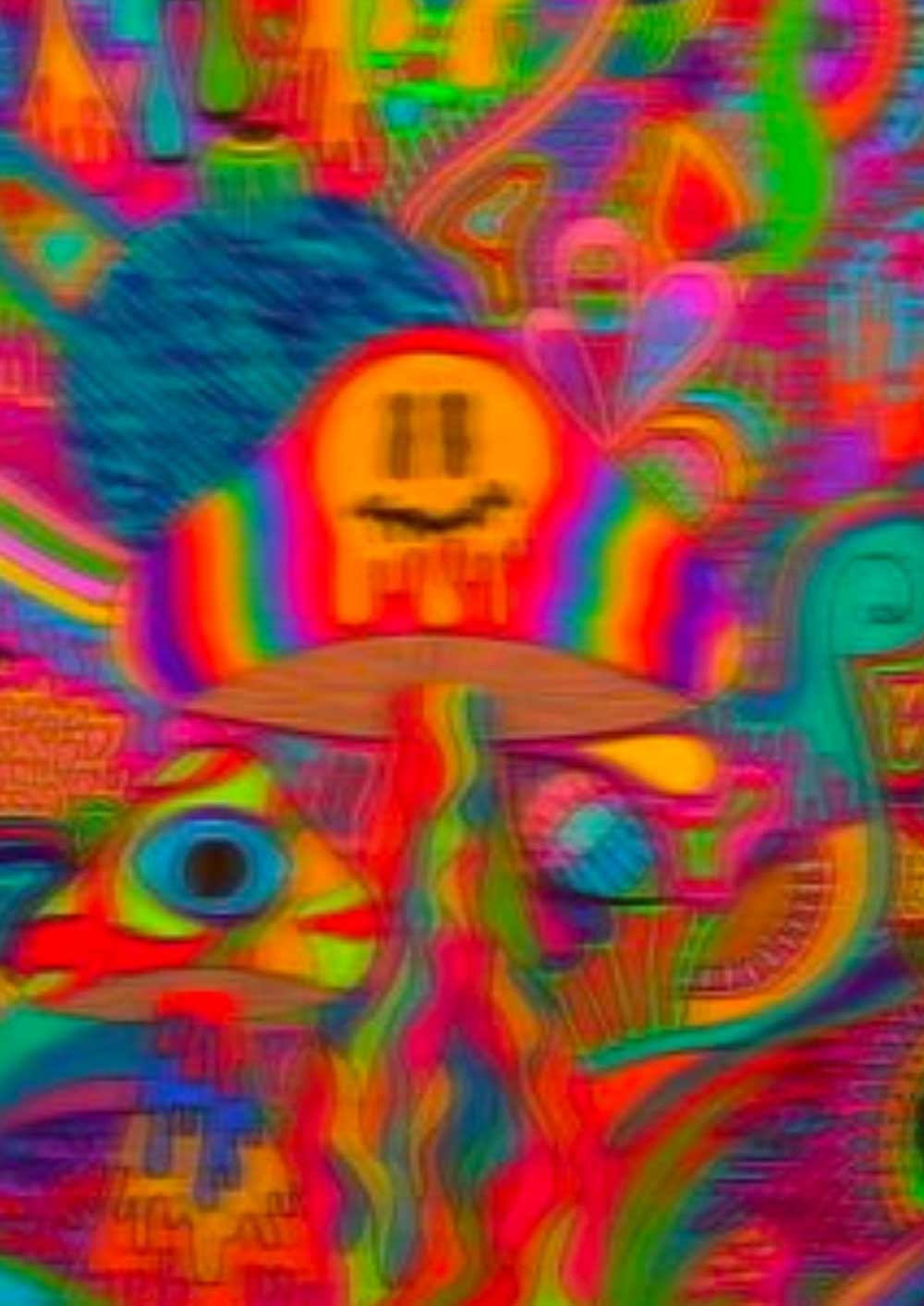 Affiche psychédélique, champignon arc-en-ciel souriant avec motifs abstraits - UNIVEA