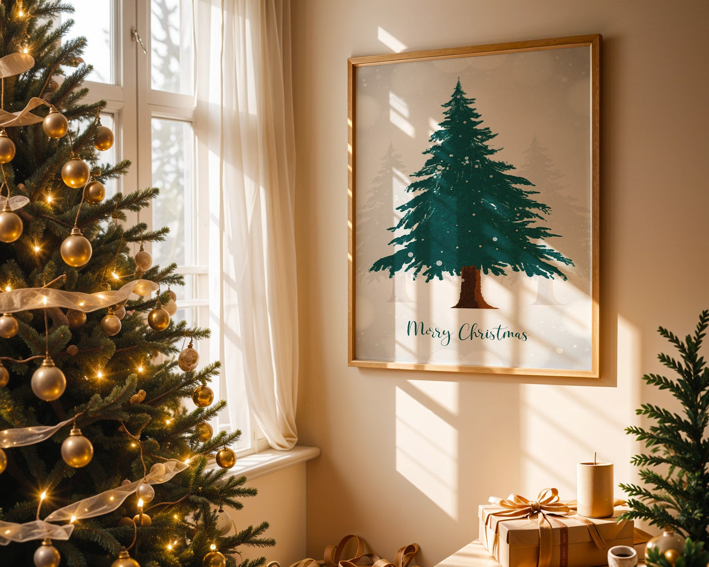 Affiche Merry Christmas sapin enneigé esprit traditionnel