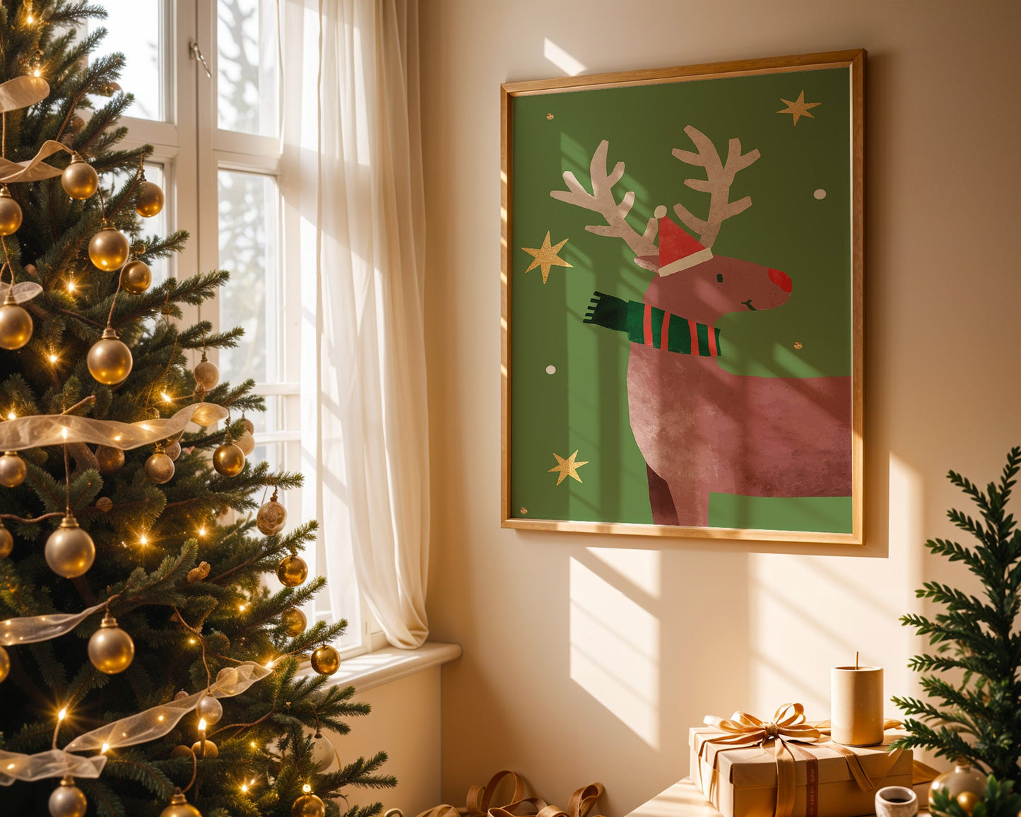 Affiche renne de Noël classique chapeau rouge et vert festif