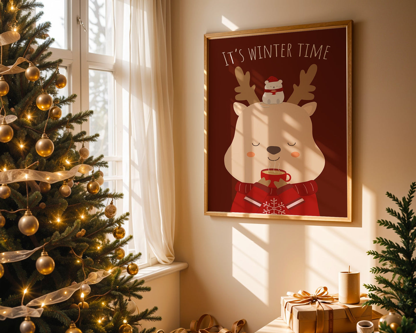 Poster hiver cosy renne et tasse de thé chaud