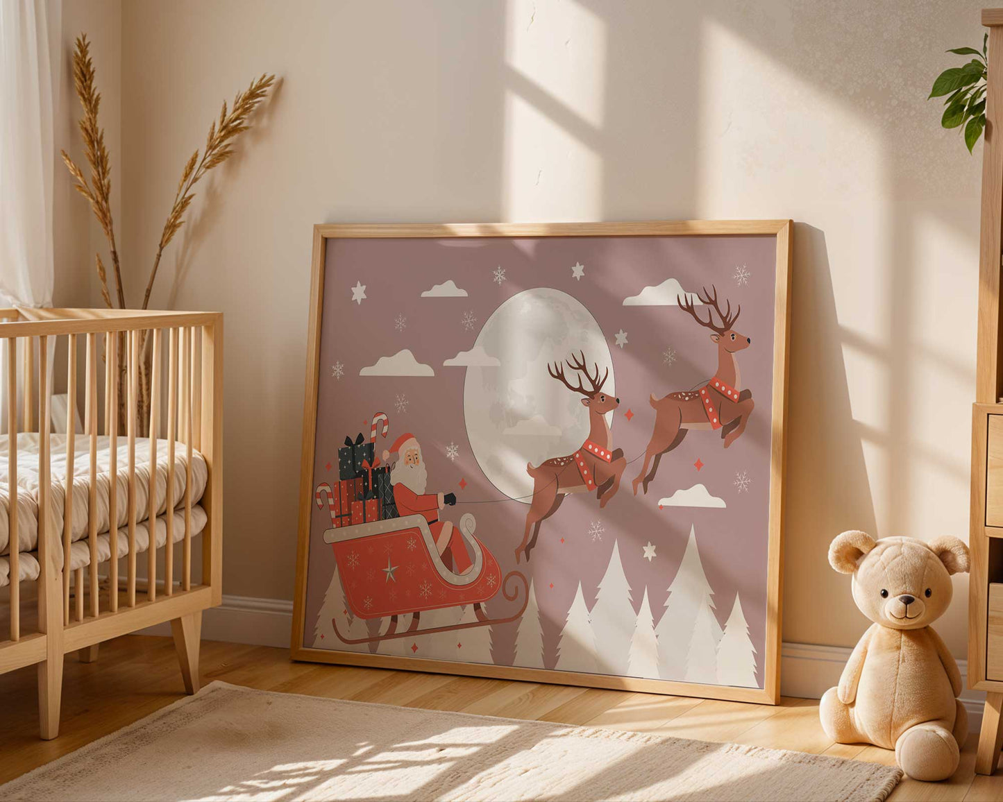 Poster traîneau du père Noël et pleine lune ambiance nocturne