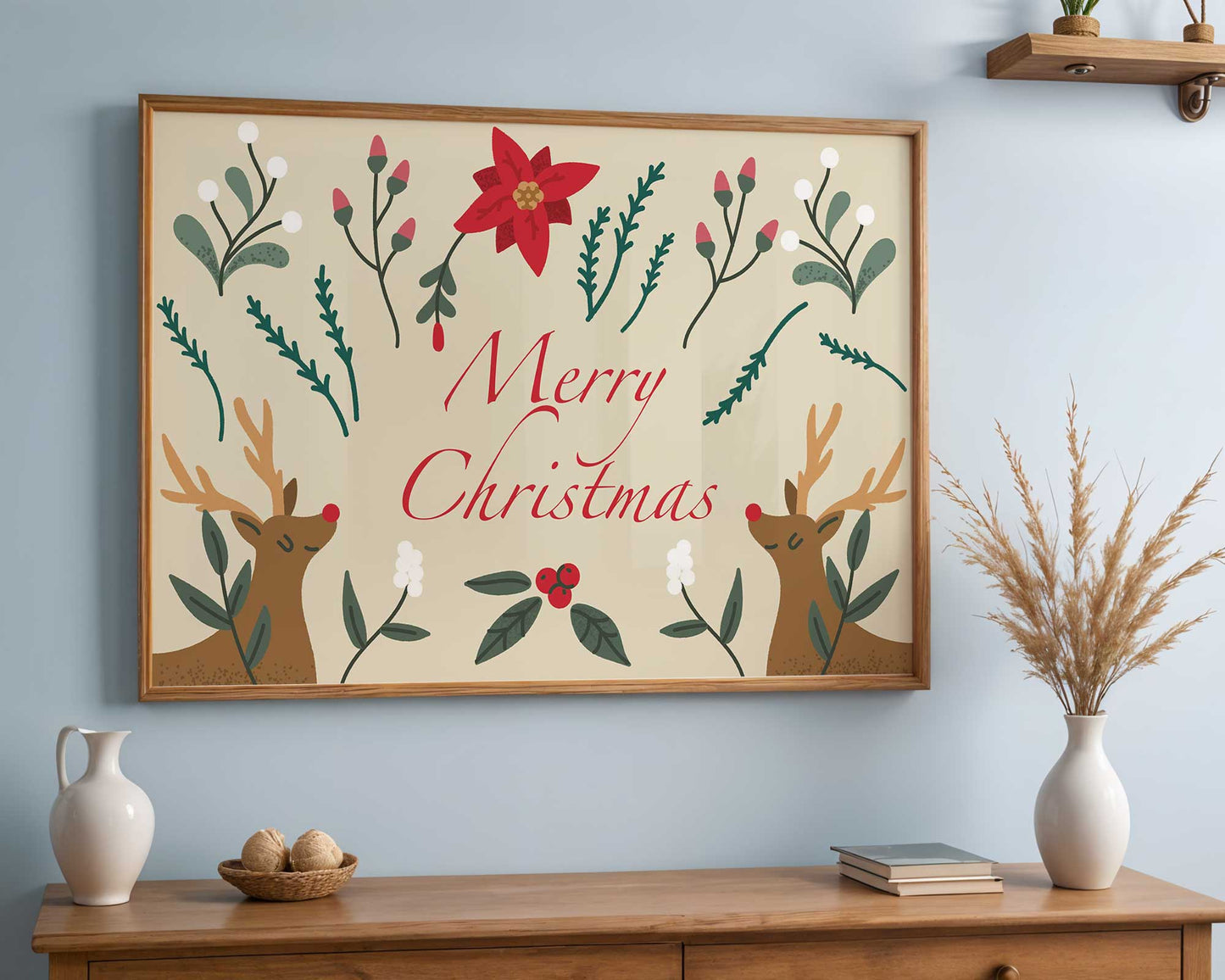 Affiche Merry Christmas végétaux et rennes festifs