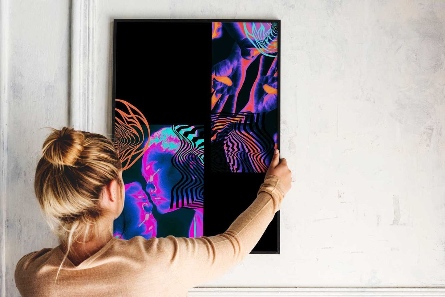 Affiche psychédélique néon, art abstrait multicolore avec visage et formes géométriques - UNIVEA