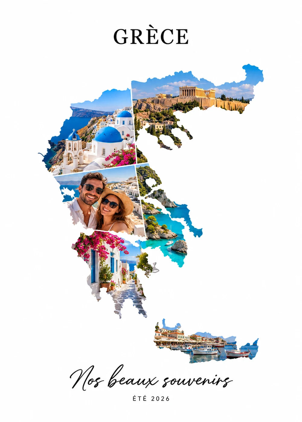 Affiche Grèce : paysages grecs et photos de vacances dans la carte.