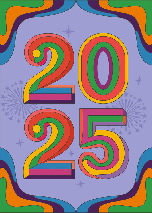 Affiche 2025 colorée ambiance vintage et énergie pop