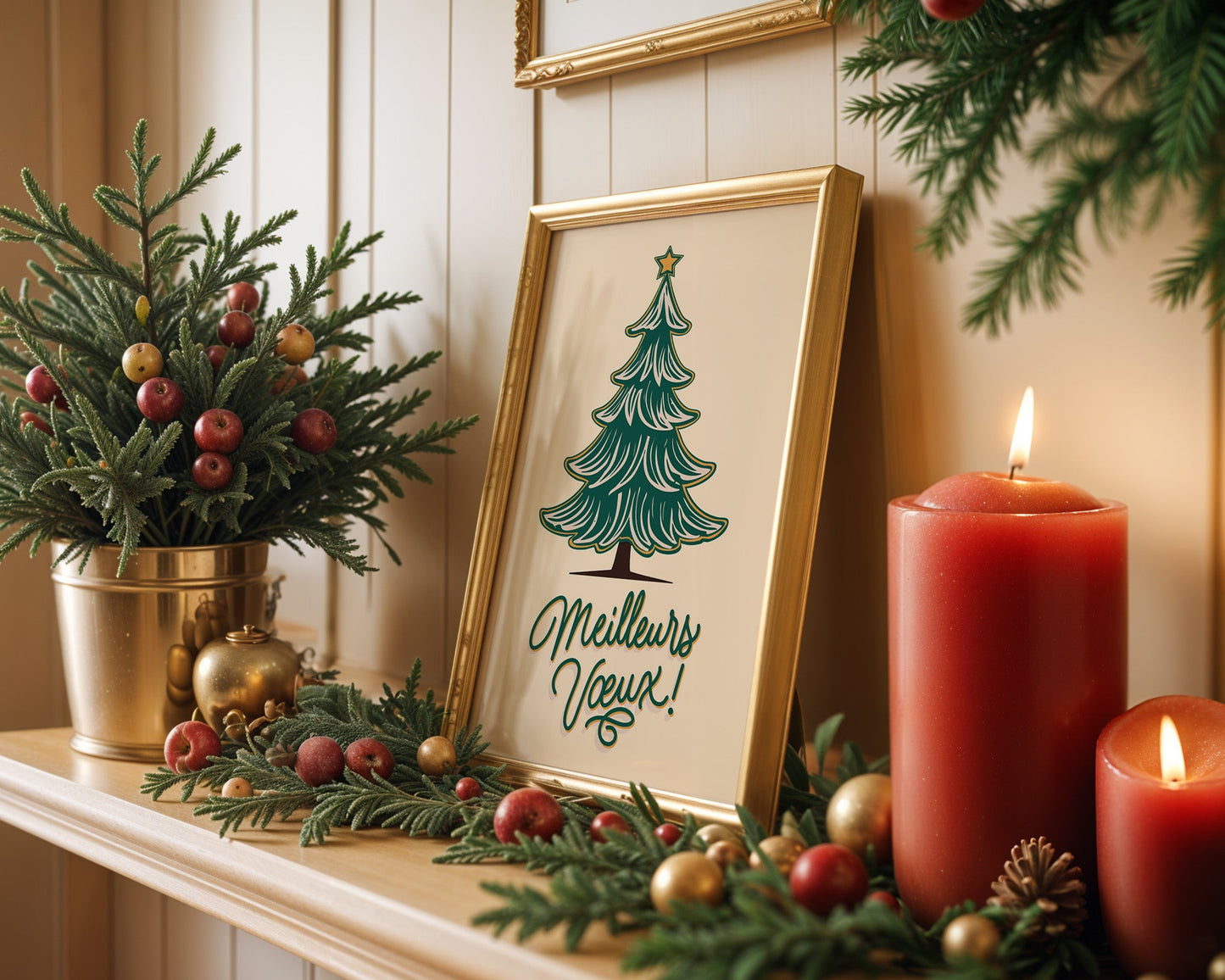 Affiche Meilleurs Vœux esprit de Noël avec sapin vert