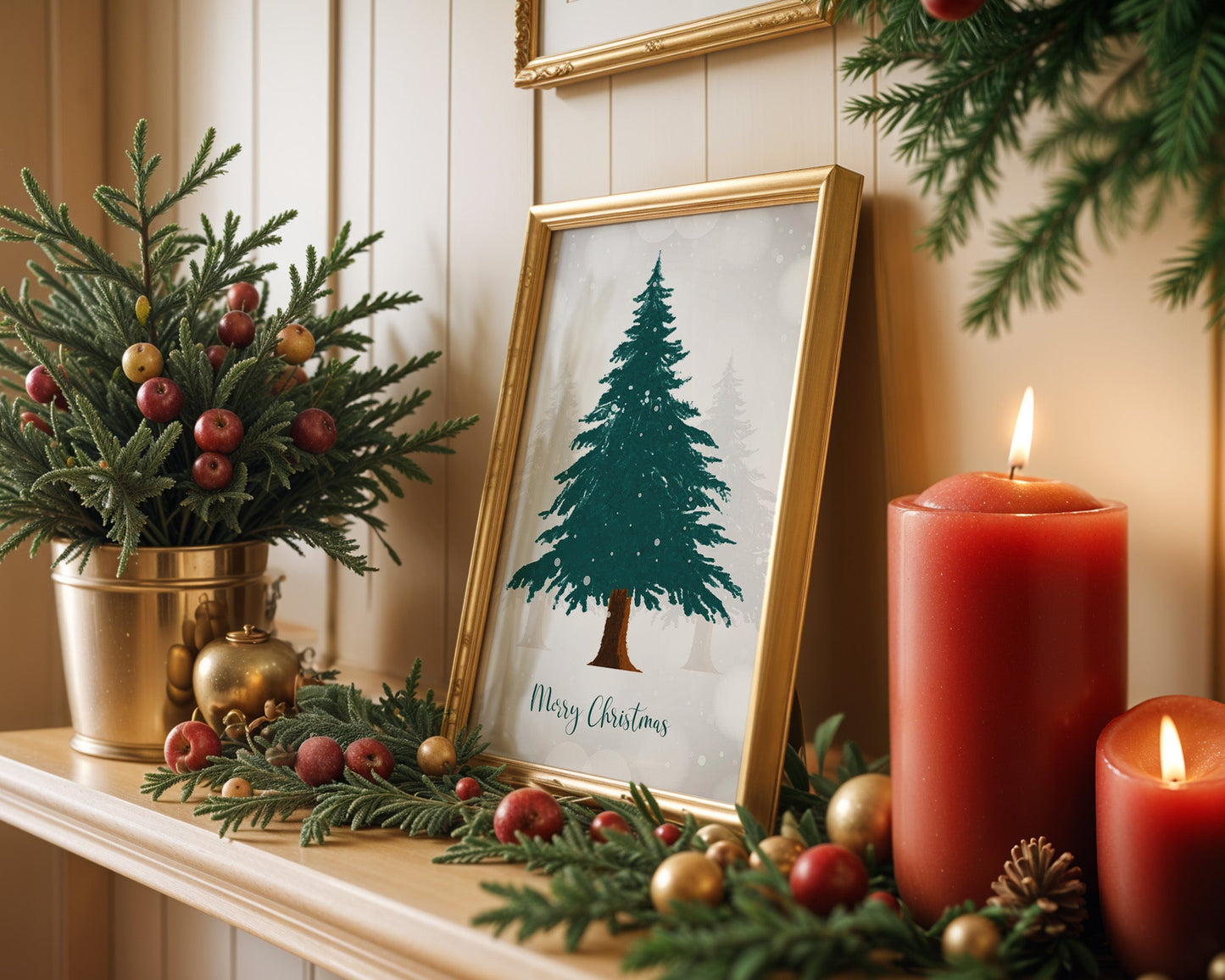 Affiche Merry Christmas sapin enneigé esprit traditionnel