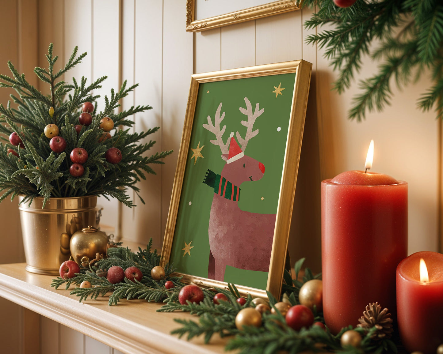 Affiche renne de Noël classique chapeau rouge et vert festif