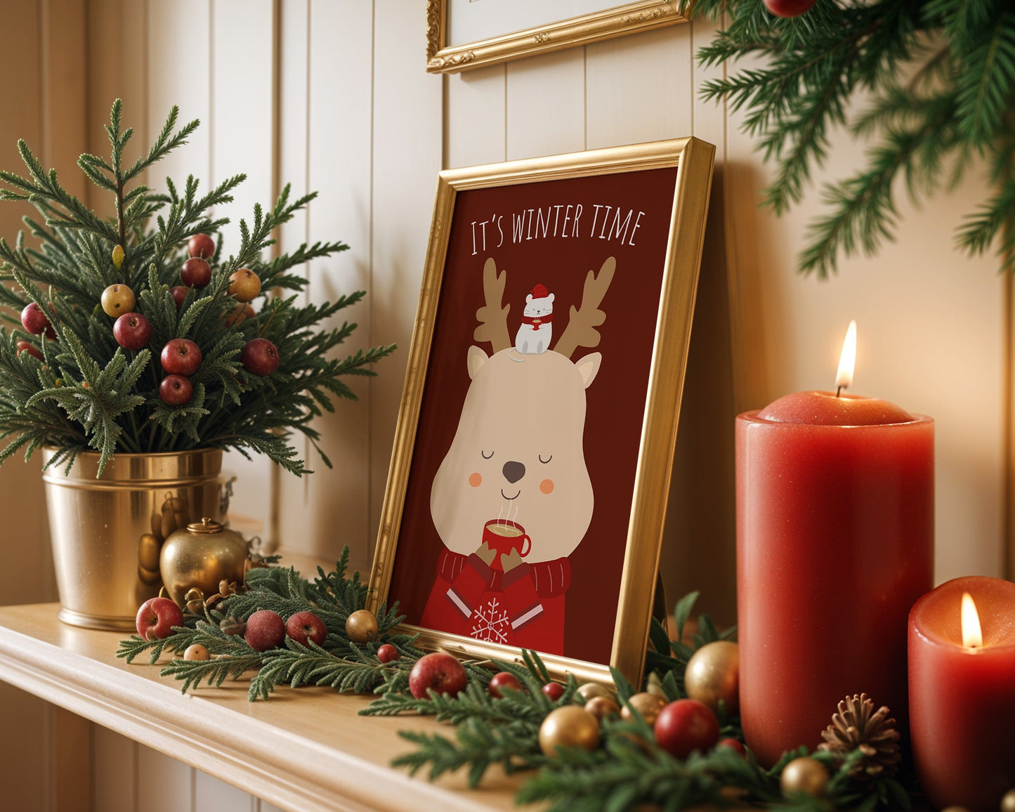 Poster hiver cosy renne et tasse de thé chaud