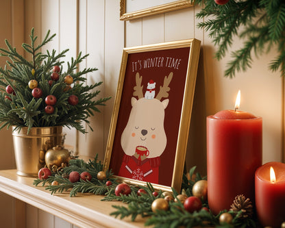 Poster hiver cosy renne et tasse de thé chaud