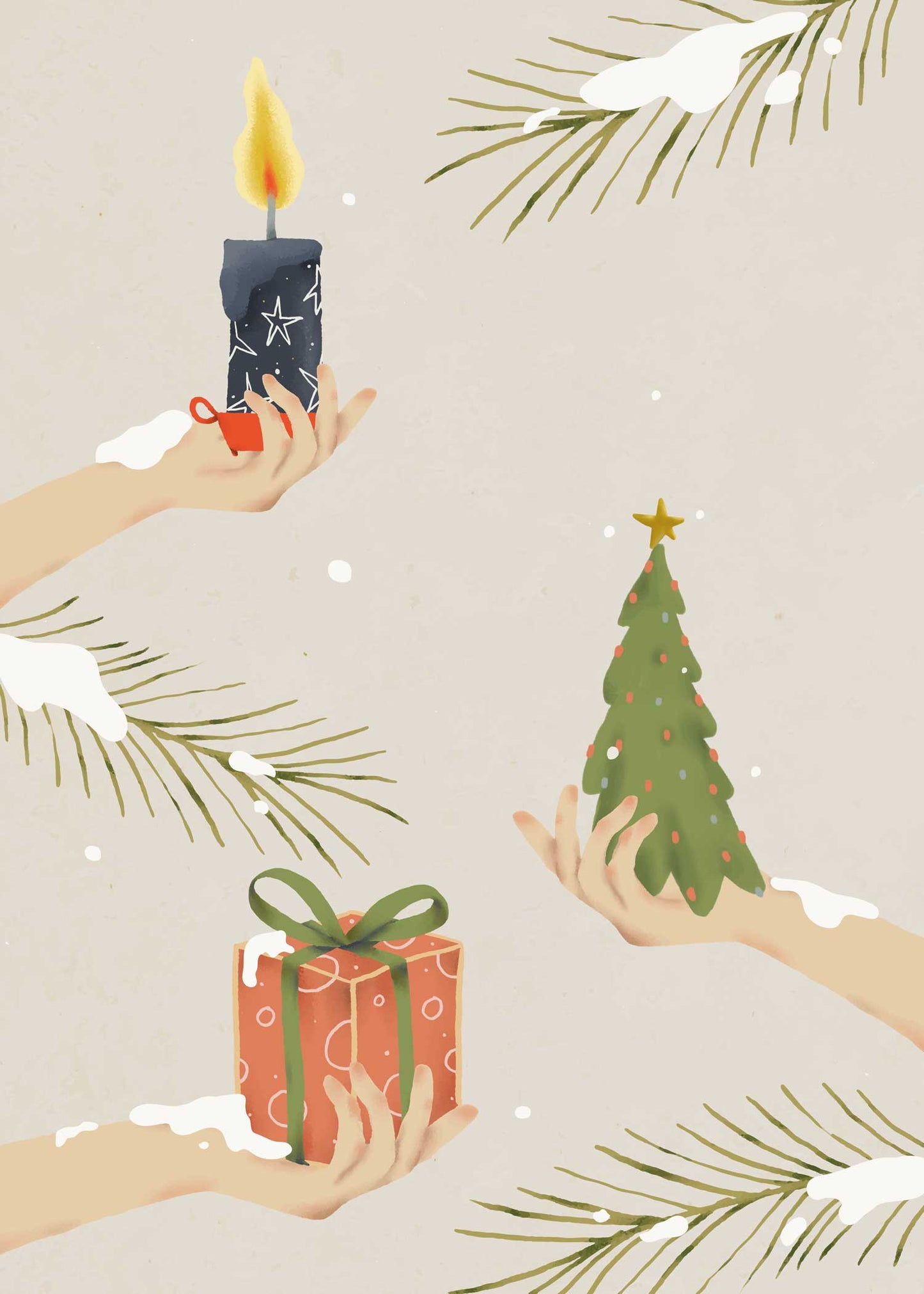 Poster noël minimaliste cadeaux et sapin en douceur