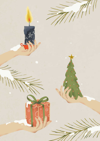 Poster noël minimaliste cadeaux et sapin en douceur