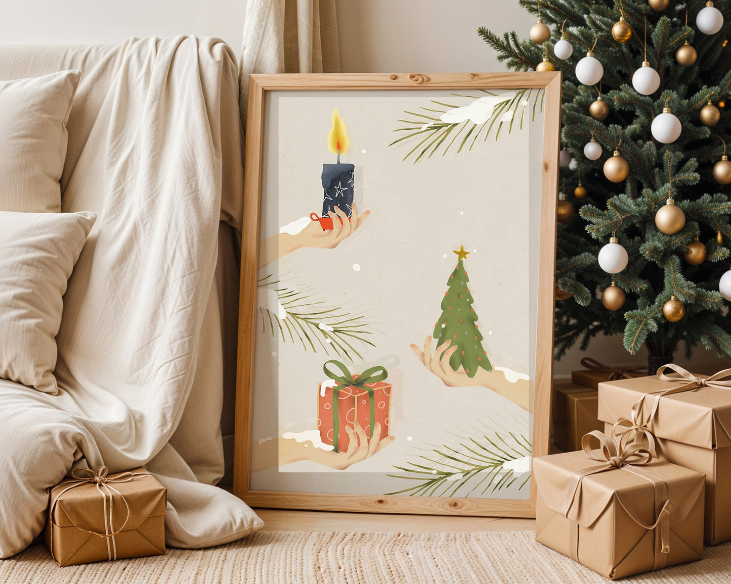 Poster noël minimaliste cadeaux et sapin en douceur