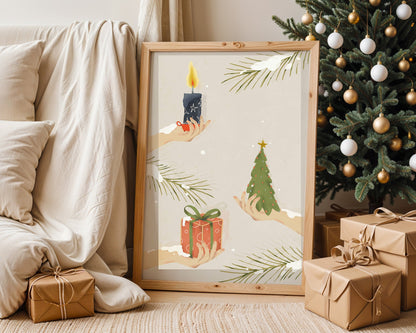 Poster noël minimaliste cadeaux et sapin en douceur