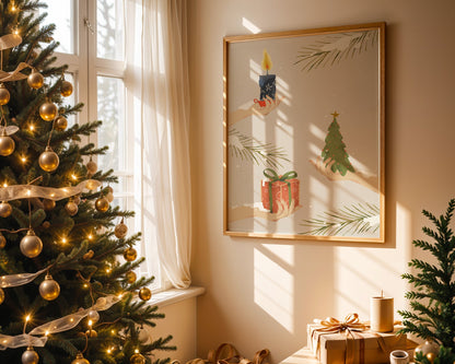 Poster noël minimaliste cadeaux et sapin en douceur