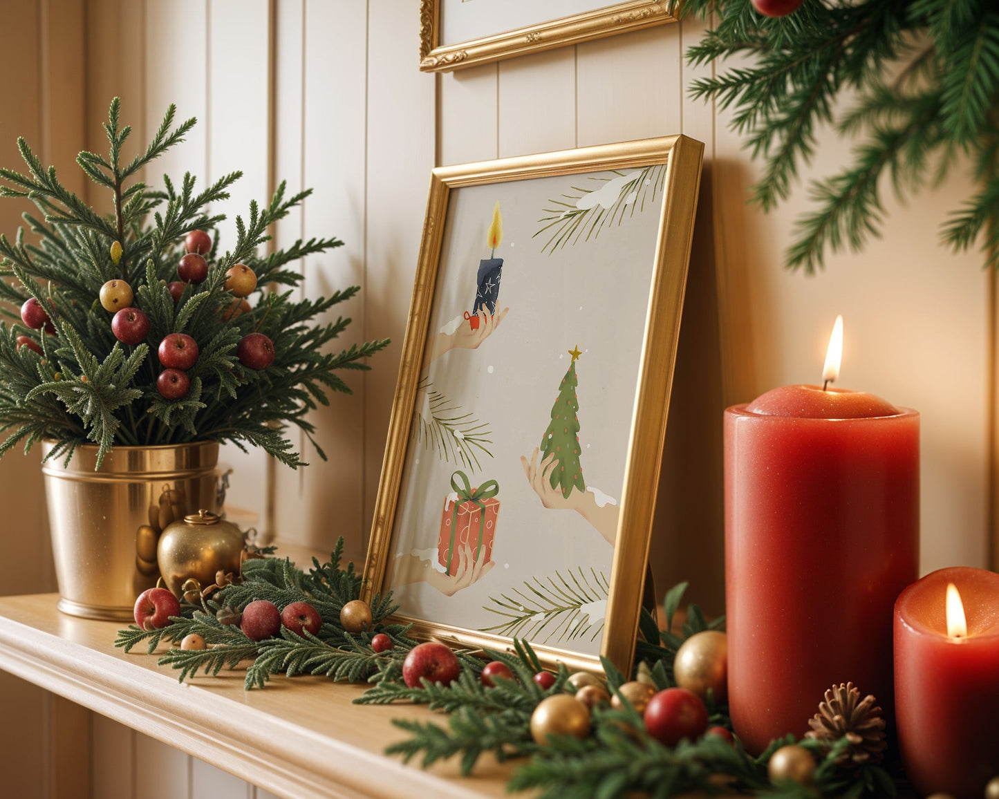 Poster noël minimaliste cadeaux et sapin en douceur