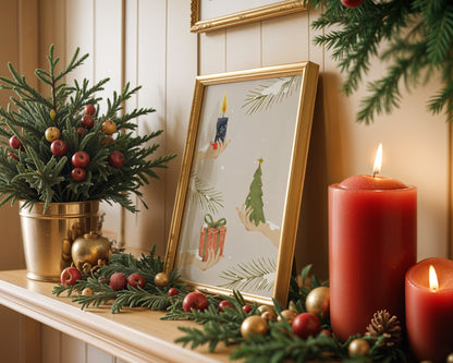 Poster noël minimaliste cadeaux et sapin en douceur