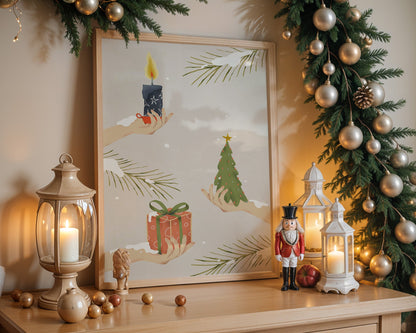 Poster noël minimaliste cadeaux et sapin en douceur