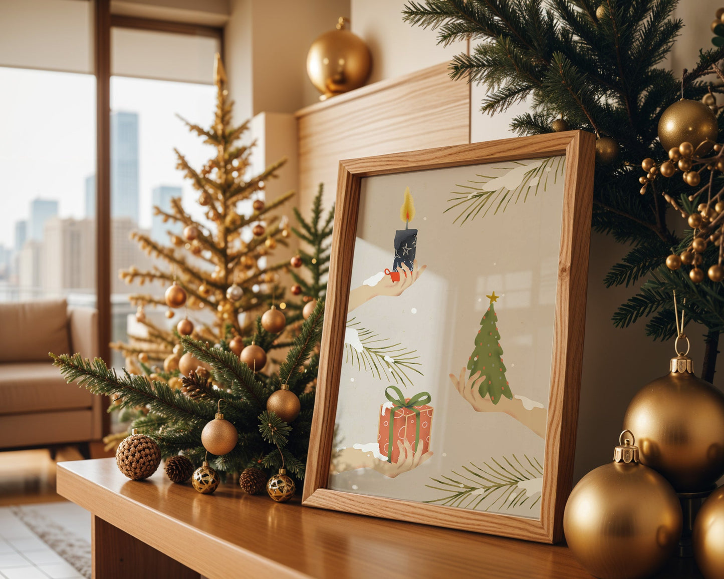 Poster noël minimaliste cadeaux et sapin en douceur