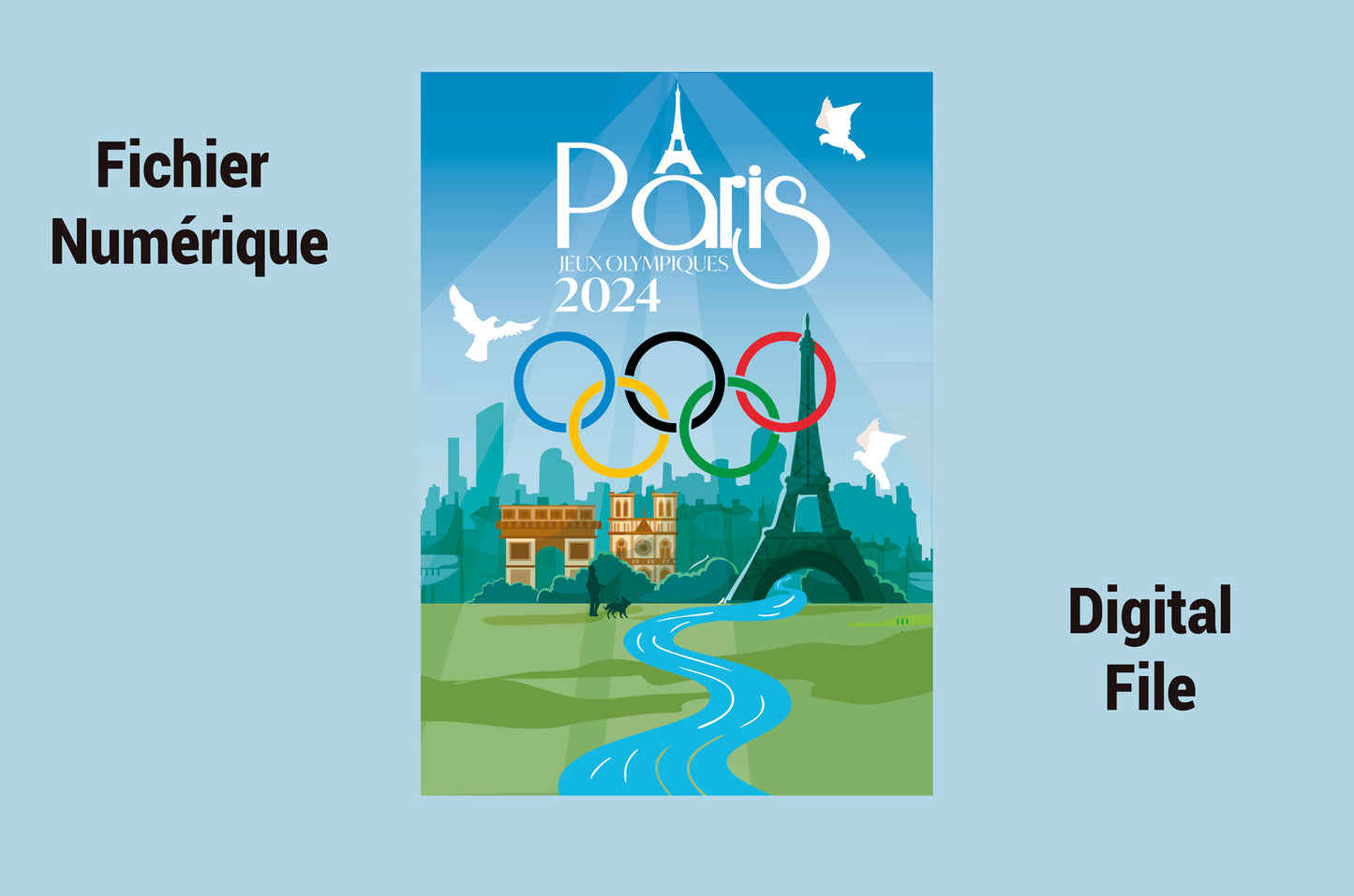 Poster Paris Olympic Games 2024 - Monuments and Olympic Rings Illustration