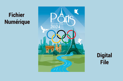 Poster Paris Jeux Olympiques 2024 - Monuments et Anneaux Olympiques - version numérique