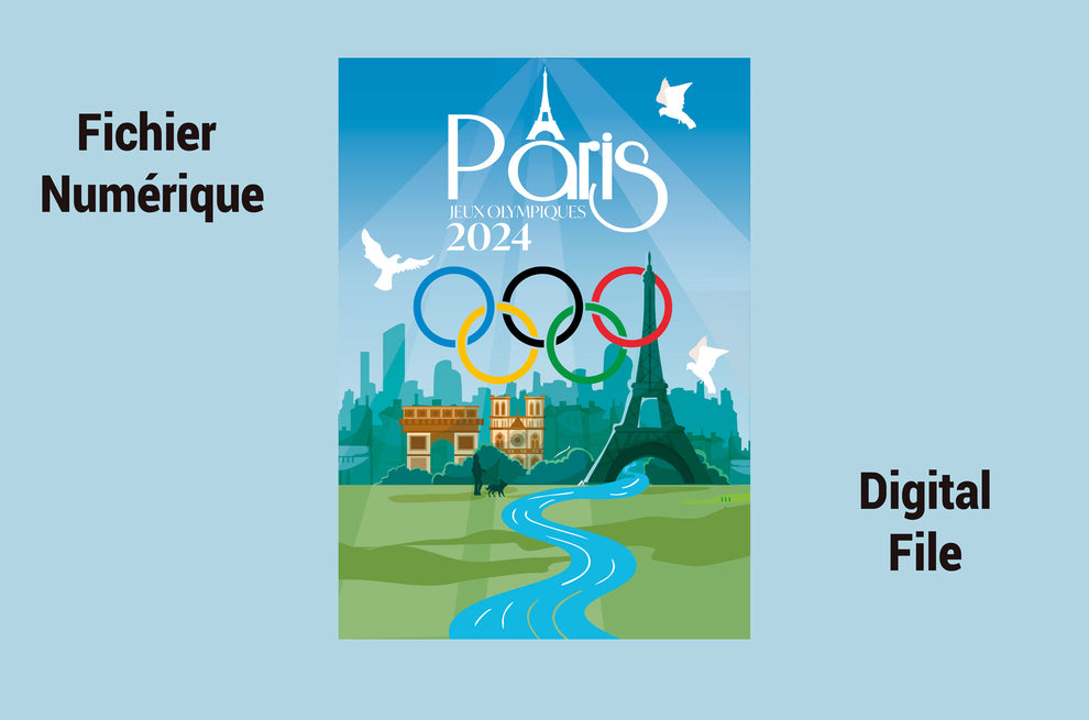 Poster Paris Olympic Games 2024 Monuments and Olympic Rings Illustra