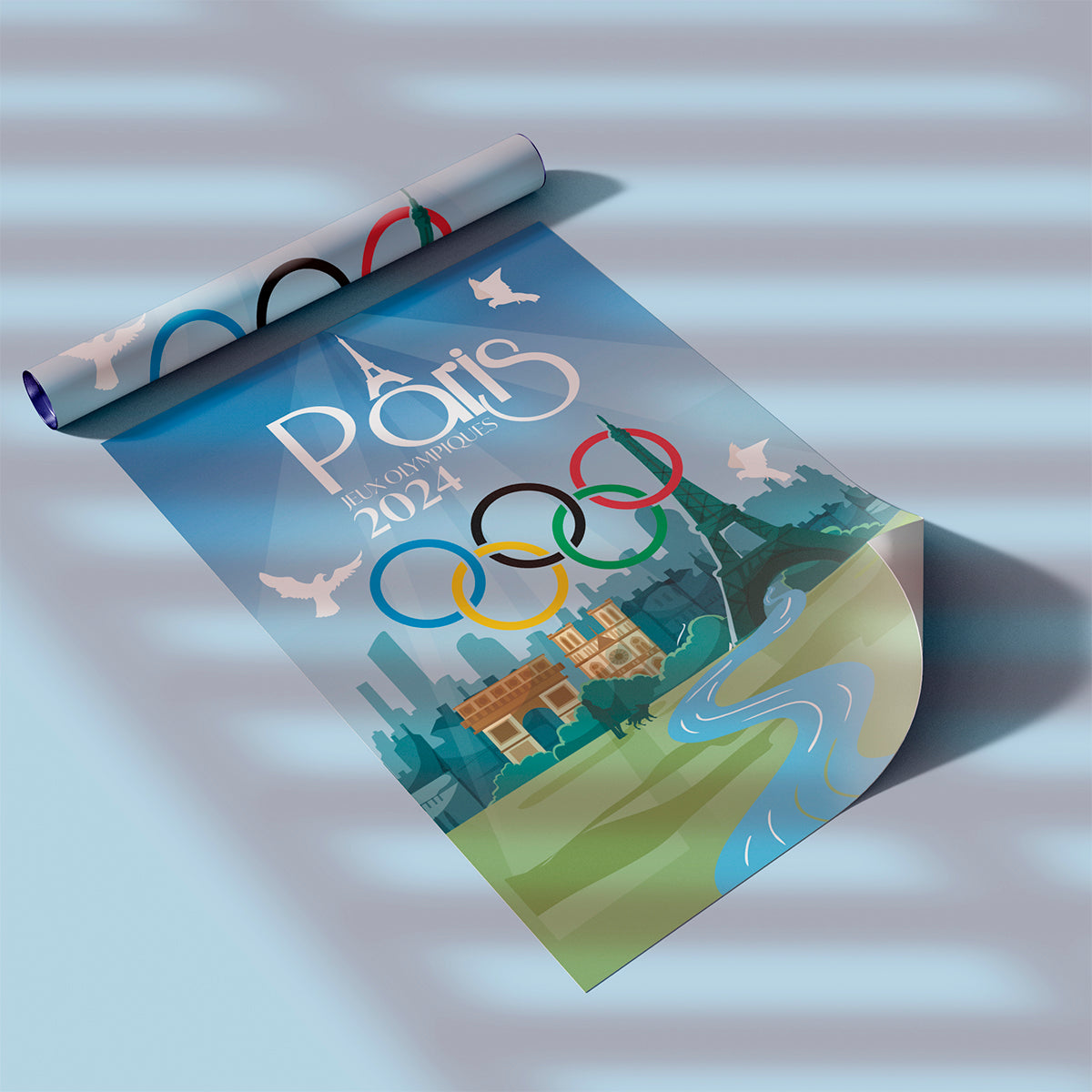 Affiche JO 2024 - Paris Jeux Olympiques - Monuments et Anneaux Olympiques