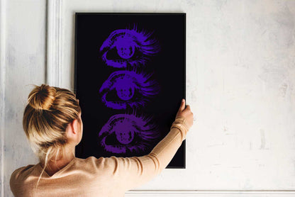 Affiche art psychédélique, motif d’yeux violets sur fond noir