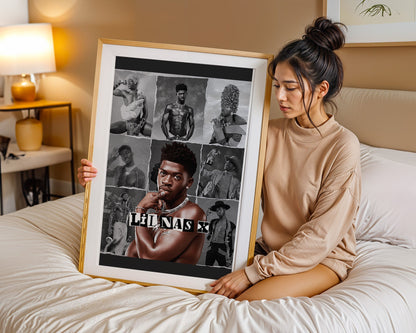 Lil Nas X - Affiche Collage Noir & Blanc avec Style Rétro et Portrait Coloré