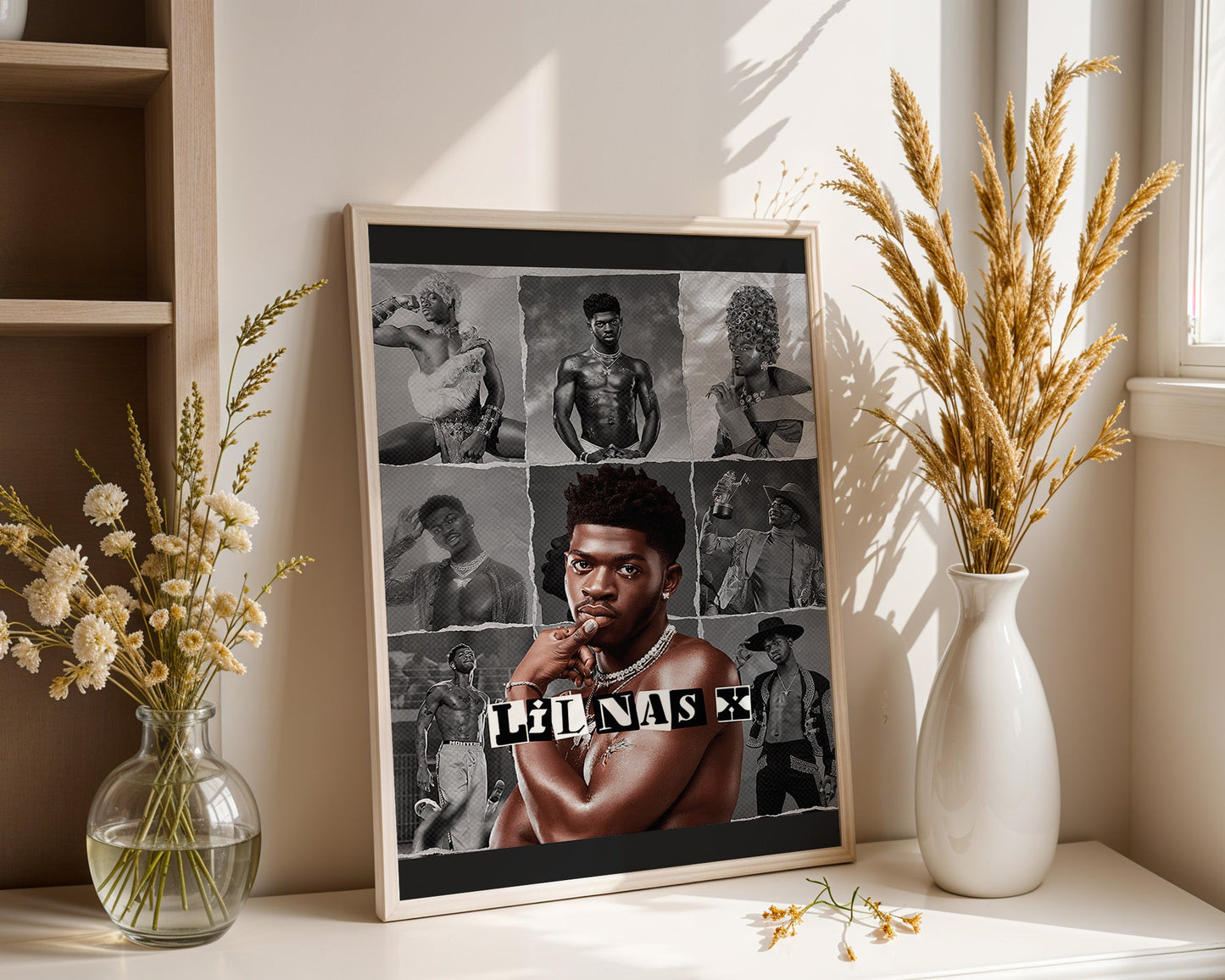 Lil Nas X - Affiche Collage Noir & Blanc avec Style Rétro et Portrait Coloré