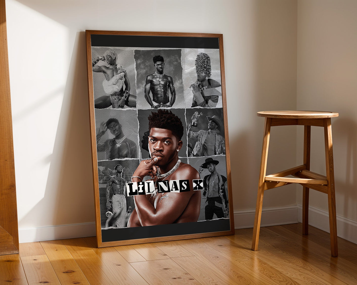 Lil Nas X - Affiche Collage Noir & Blanc avec Style Rétro et Portrait Coloré