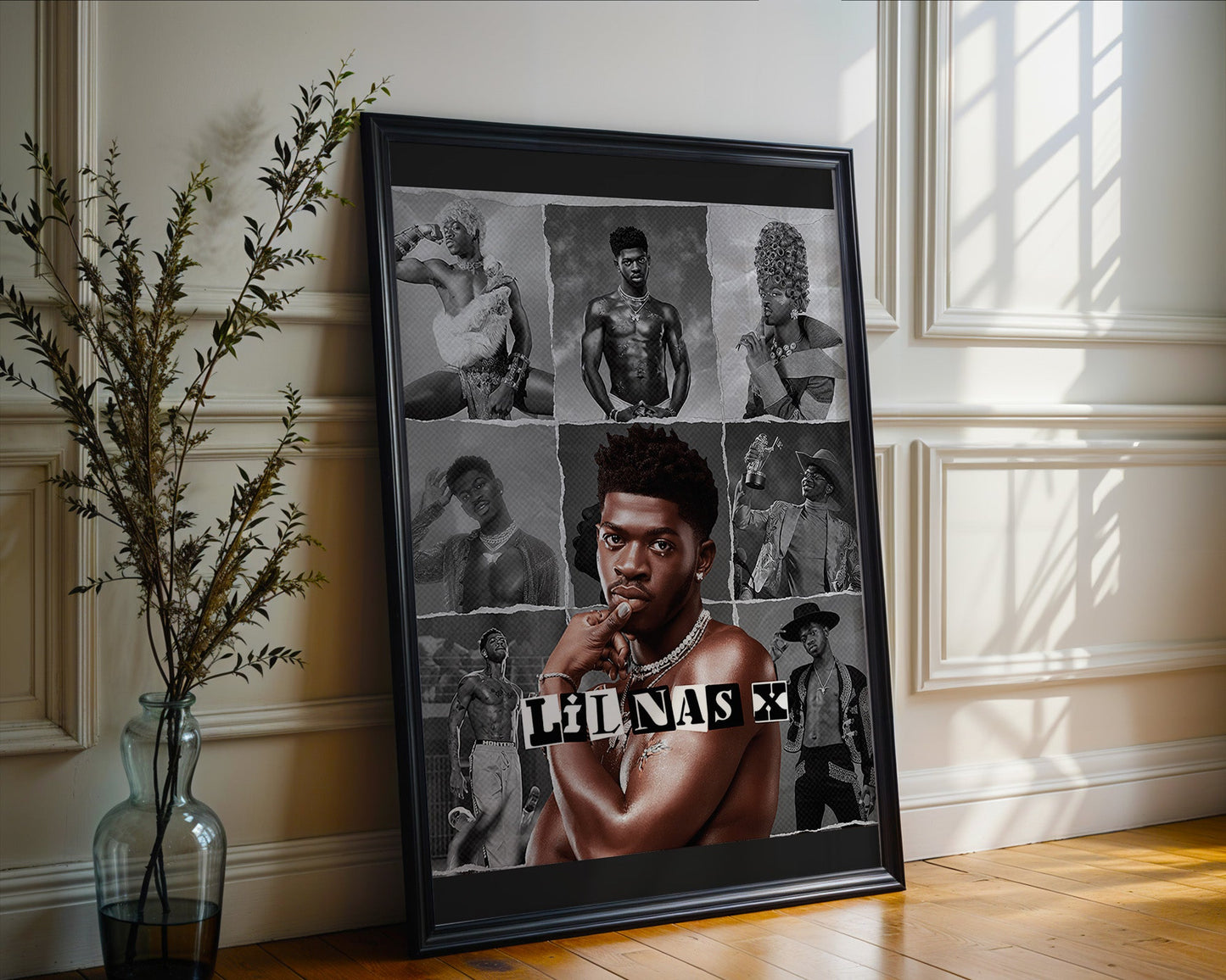 Lil Nas X - Affiche Collage Noir & Blanc avec Style Rétro et Portrait Coloré