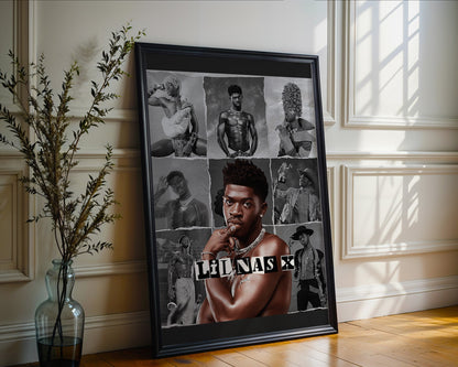 Lil Nas X - Affiche Collage Noir & Blanc avec Style Rétro et Portrait Coloré