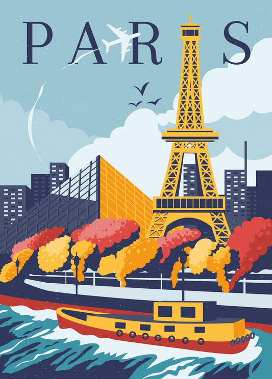 Poster Paris - Eiffel Tower and Boat on the Seine Illustration