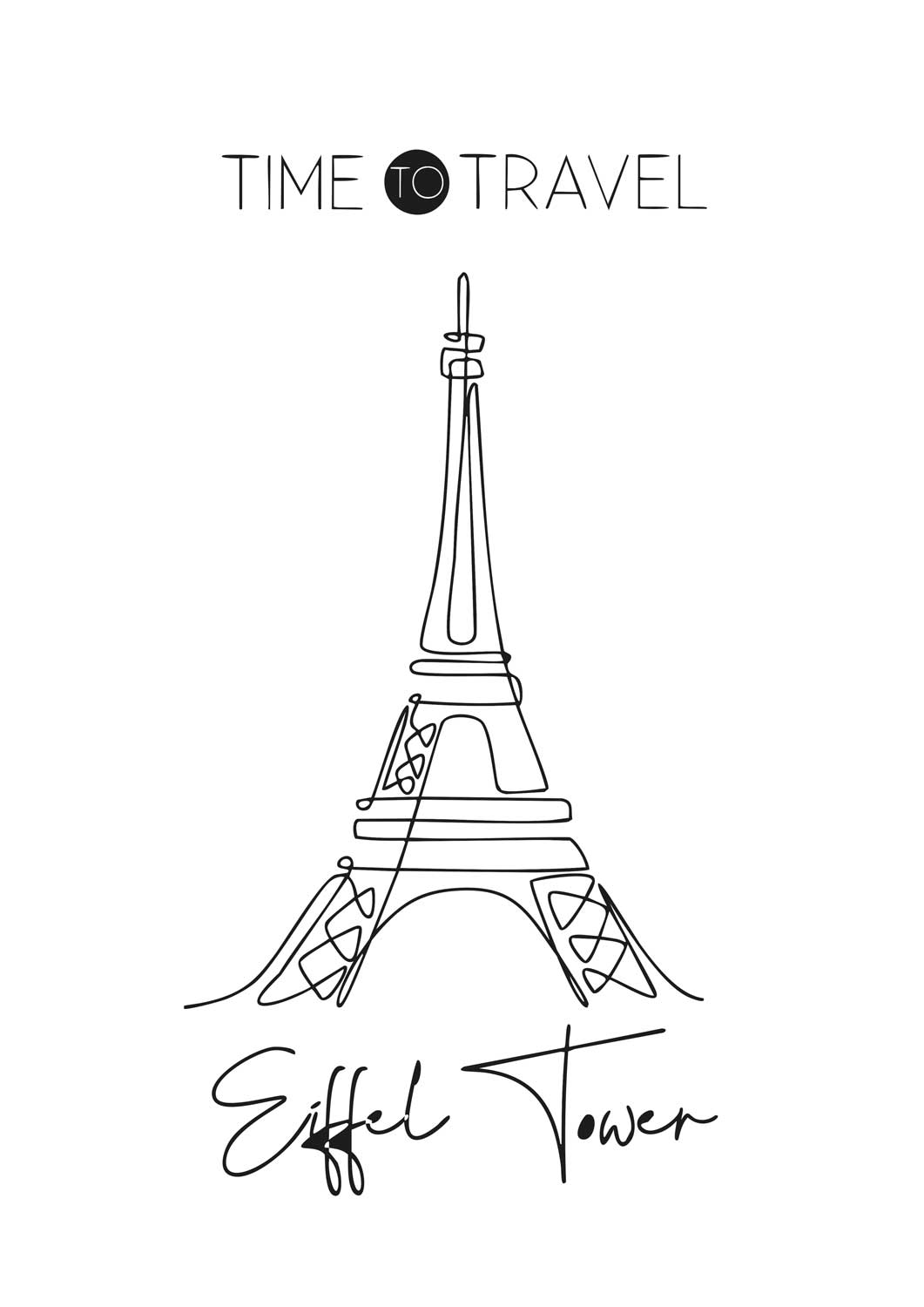 Affiche Time to Travel Eiffel Tower - Dessin au Trait - Voyage et Aventure