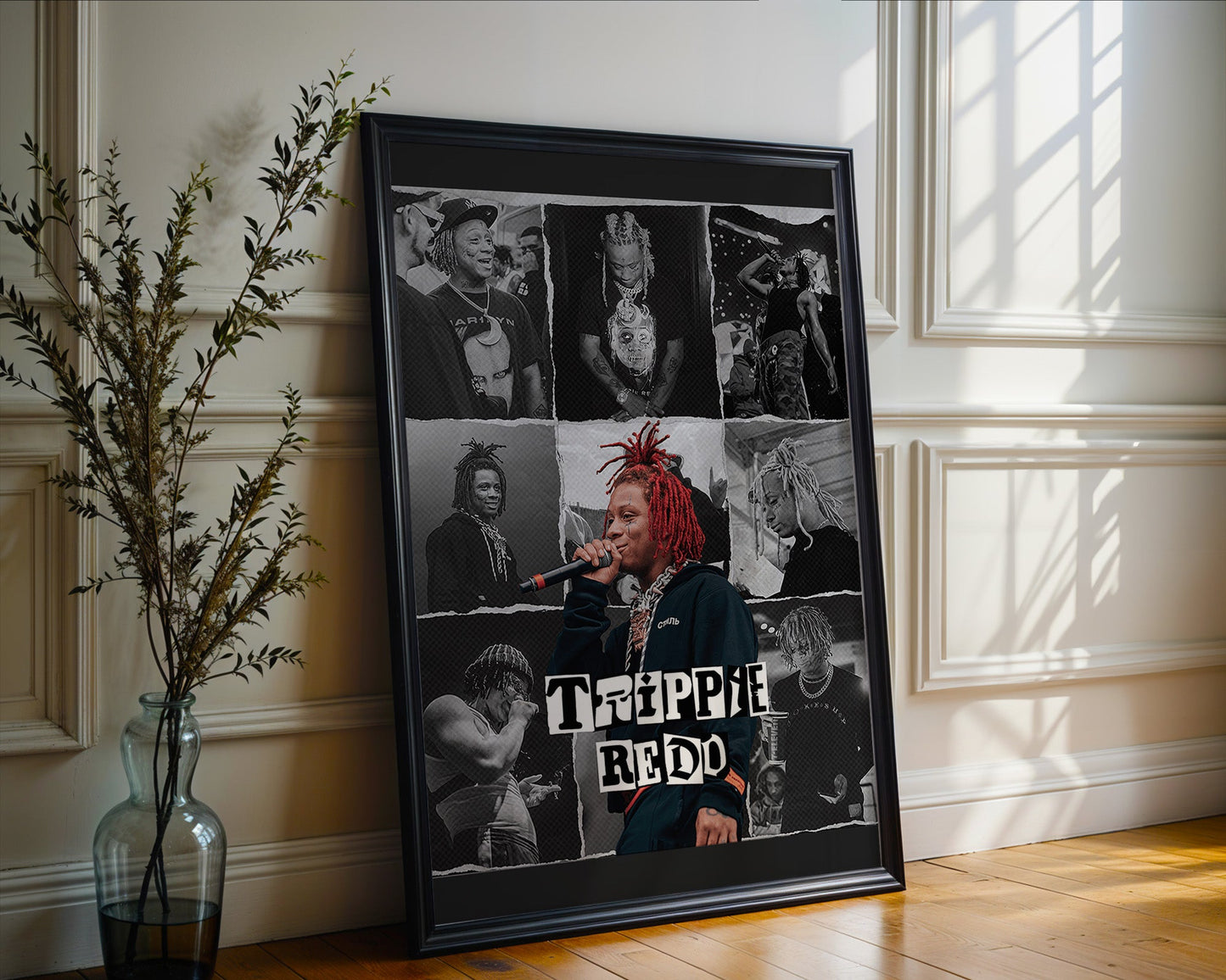 Trippie Redd - Affiche Collage Noir & Blanc avec Détail Couleur Rouge