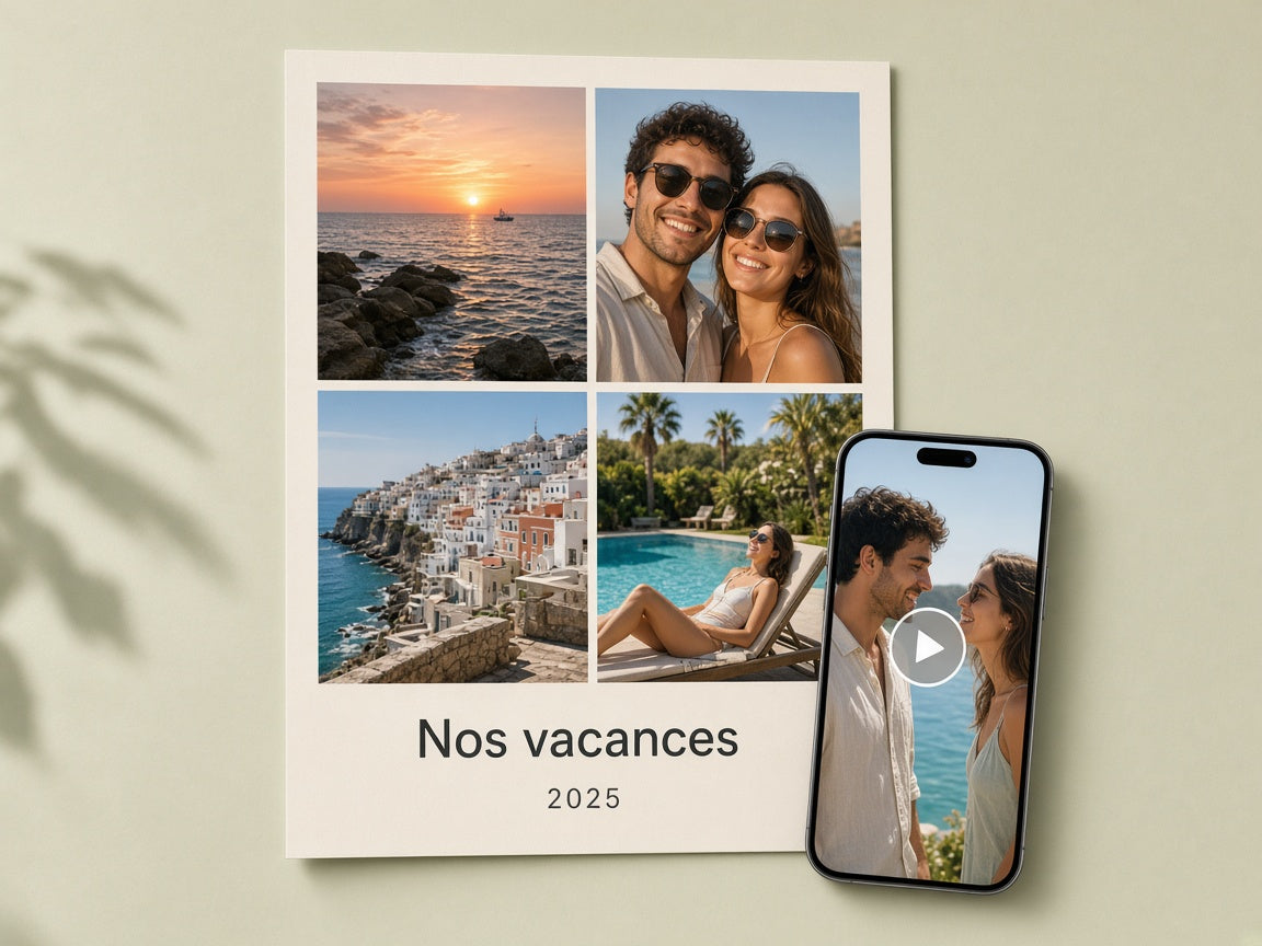 Affiche personnalisée connectée : téléphone près du cadre pour ouvrir la vidéo