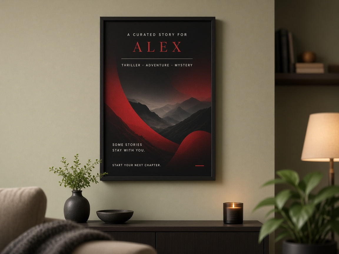 Affiche personnalisée style film accrochée dans un salon