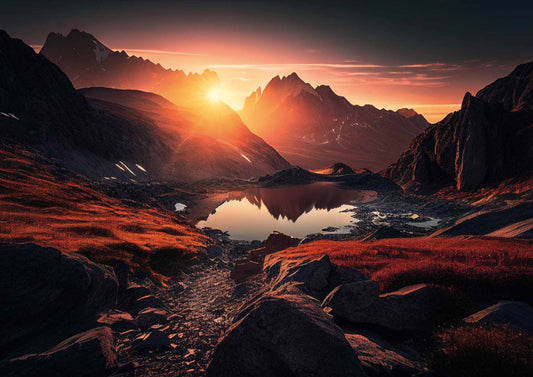 affiche d'une photo d'un paysage de montagne avec le soleil levant jaune