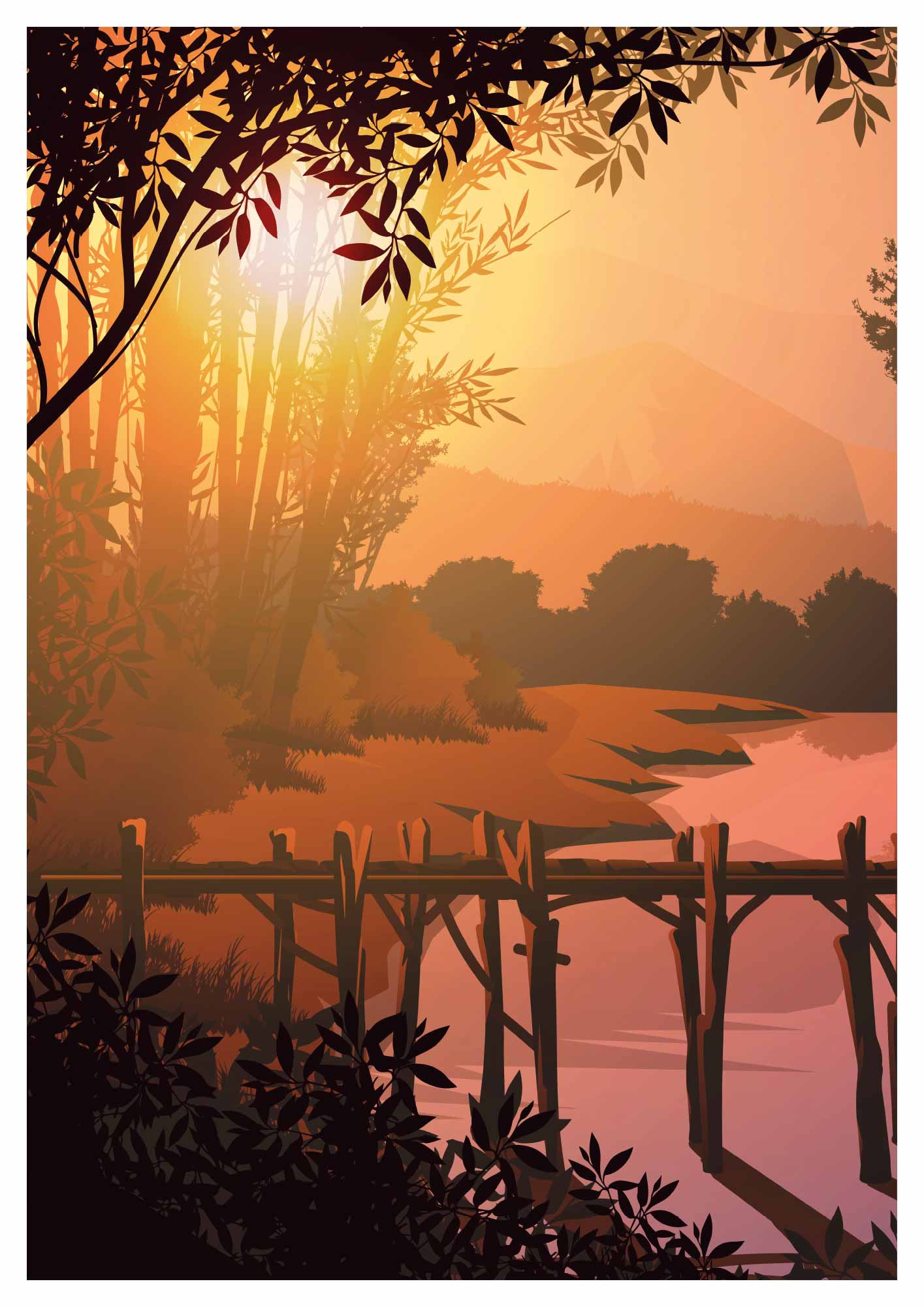 poster d'une illustration d'un lac avec la lueur du soleil