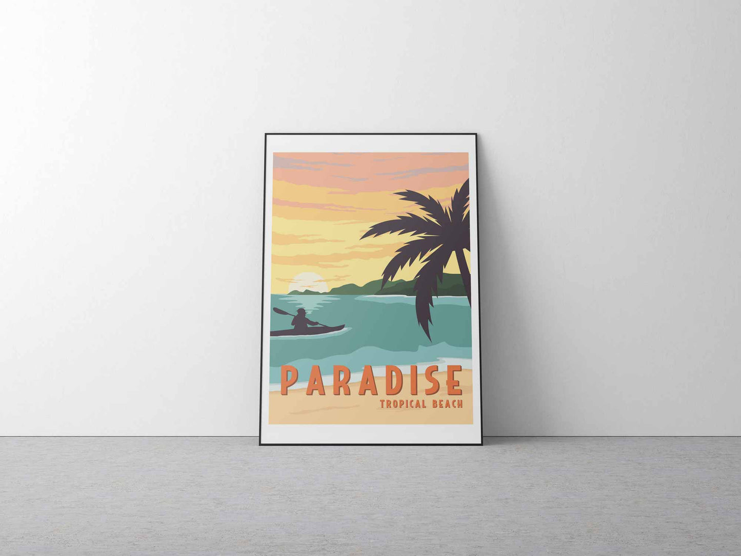 affiche d'une illustration de plage paradisiaque avec un canoë 