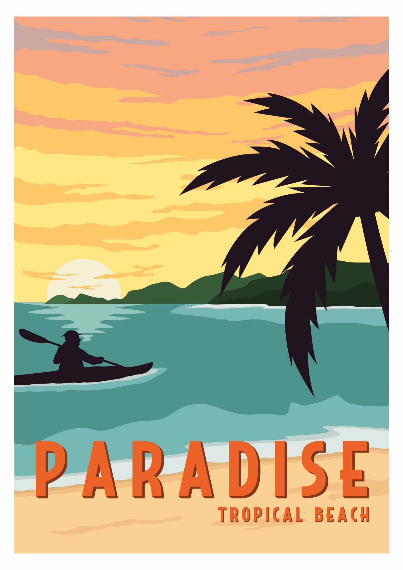 affiche d'une illustration de plage paradisiaque avec un canoë 