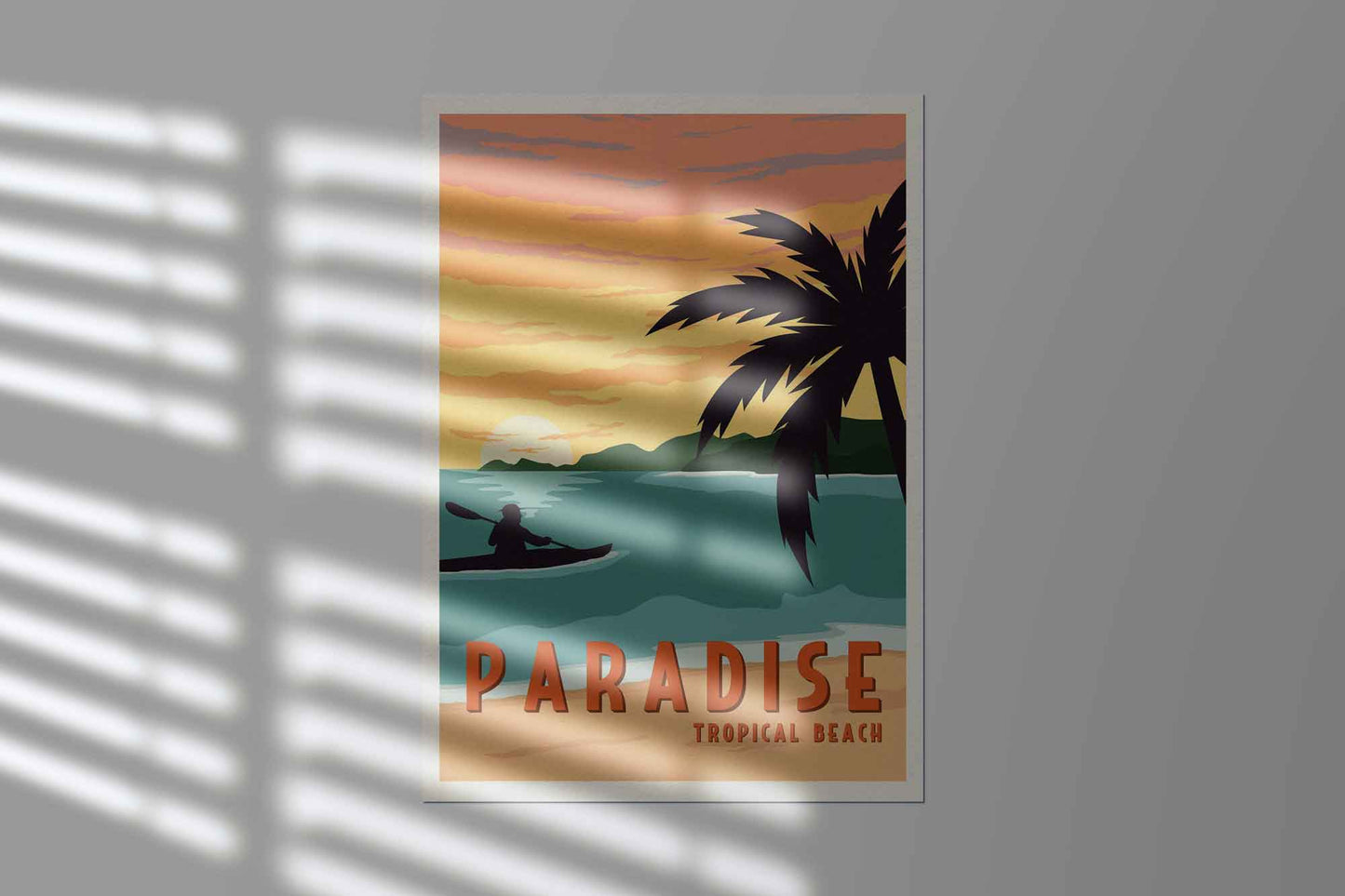 affiche d'une illustration de plage paradisiaque avec un canoë 