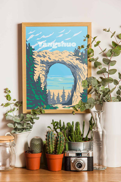 affiche de l'arche naturel dans la montagne Yangshuo en illustration dans un cadre en bois