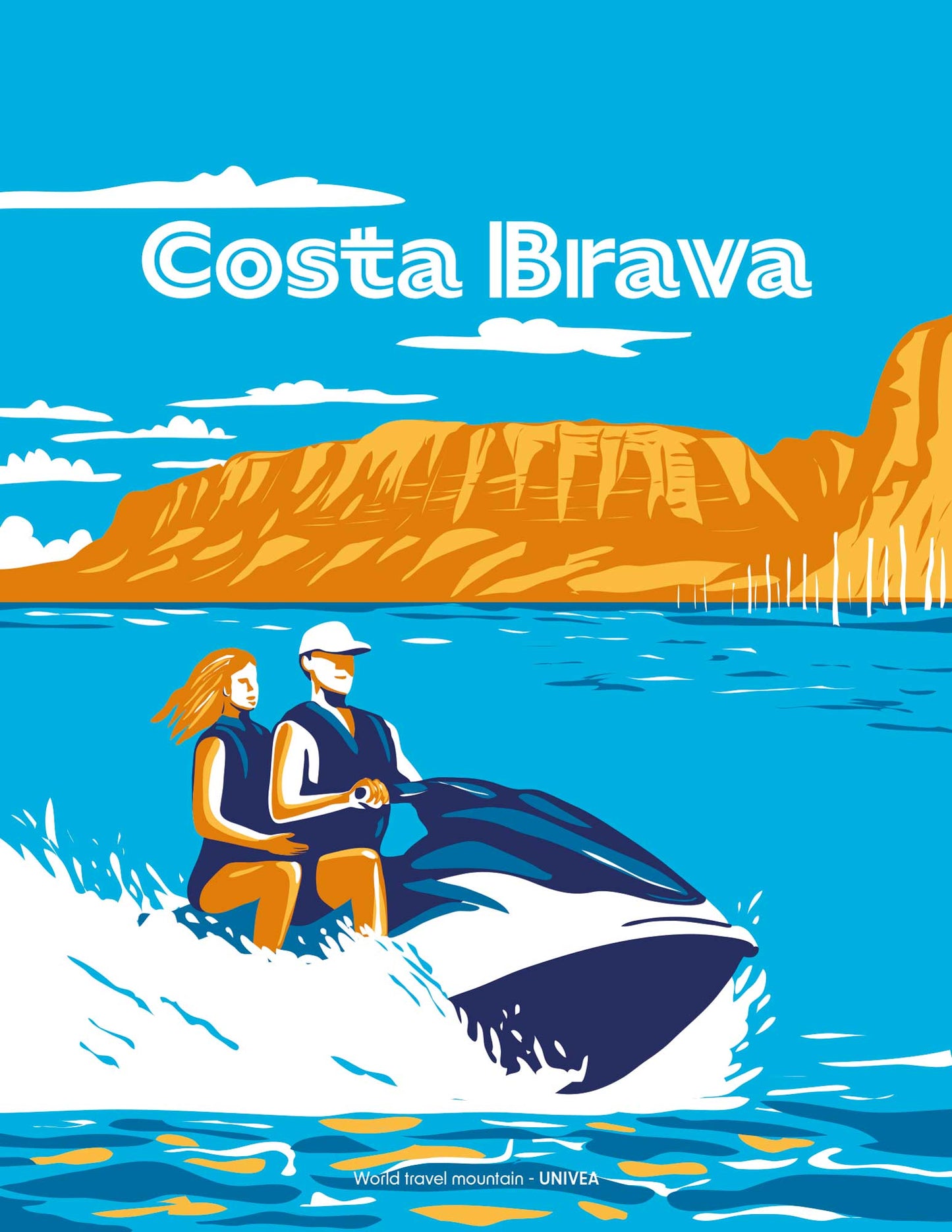 affiche illustration de la Costa Brava avec un jet skis et un couple