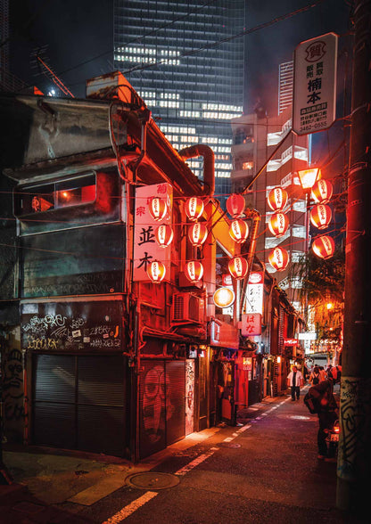 affiche de Tokyo de nuit dans un rue illuminé en rouge