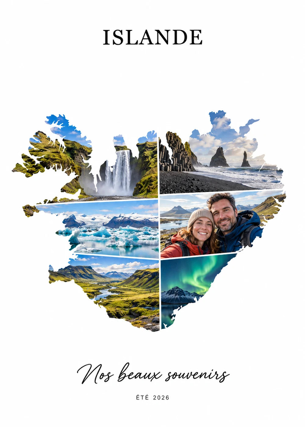 Affiche Islande : cascades, glaciers et souvenirs dans la silhouette de l’île.