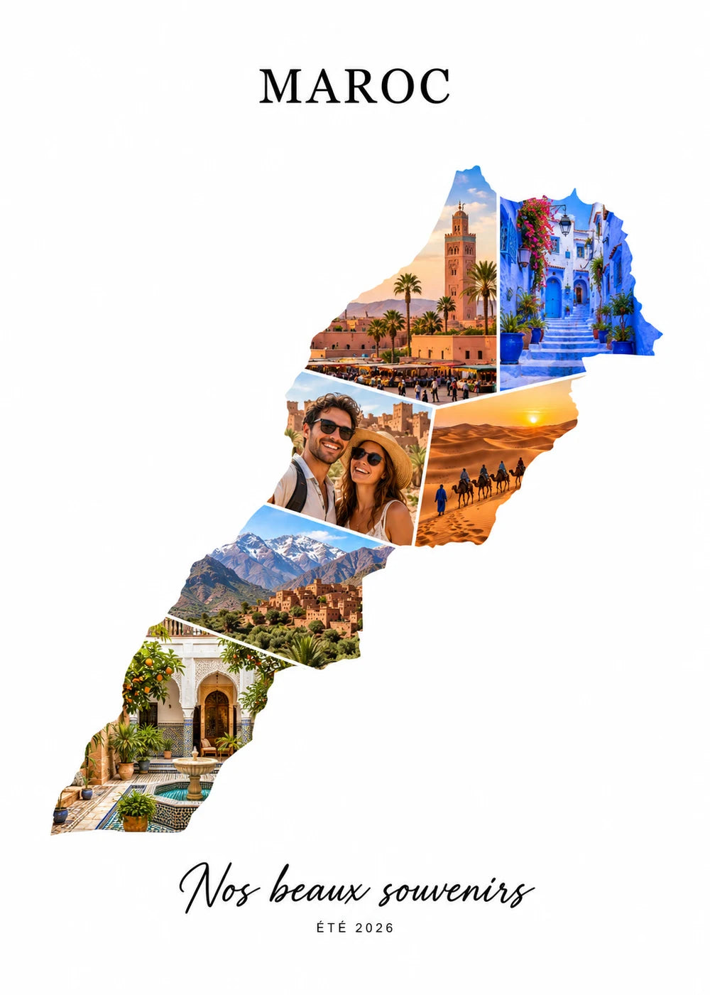 Affiche Maroc : médinas, dunes et souvenirs de voyage dans la carte.